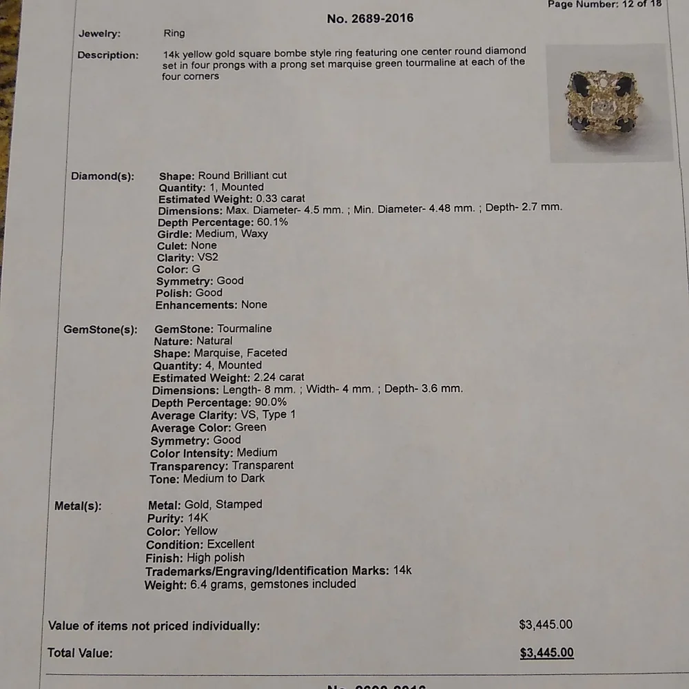 Green Tourmaline and diamond square Bombe style ring, 14kt yellow gold - Picture 9 of 10